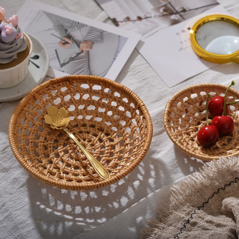 Rattan Lagerung Tray Runde Korb Hand-Woven Tablett Weidenkorb Brot Obst Lebensmittel Frühstück Display