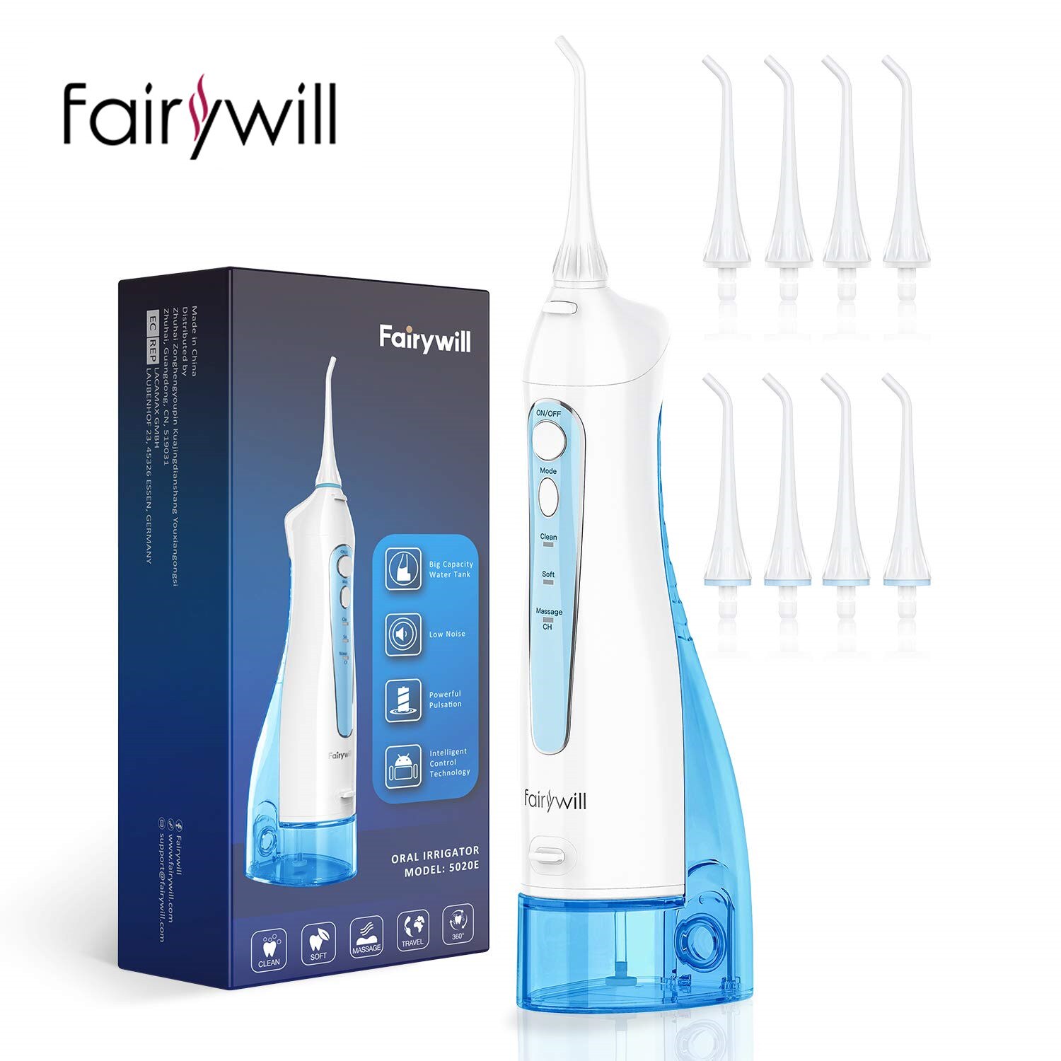 Fairywill Water Flossers szczoteczka do zębów 5020E-E11 USB akumulator przenośny IPX7 wodoodporny 3 tryby 300ML odpinany zbiornik na wodę: 5020E-Blue