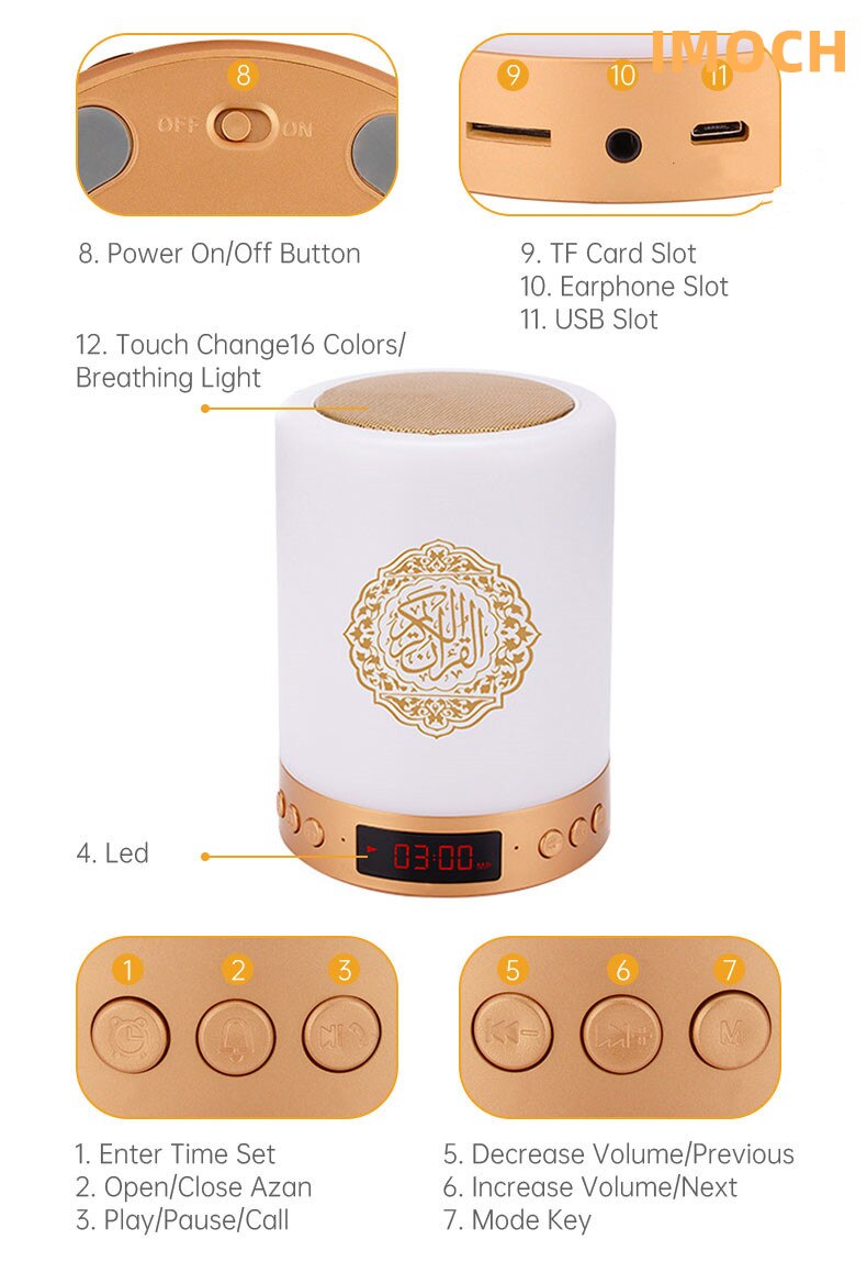 Bluetooth-musiklautsprecher mit  sq122 nachtlichtern, smart-app-steuerung und gebetsruf für  mp3 spieler