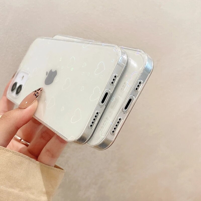 Holographic Heart Iphone Phone Case Clear Phone Case For 11 12 Pro Max X XS XR 7 8 Plus SE Shockproof Bumper