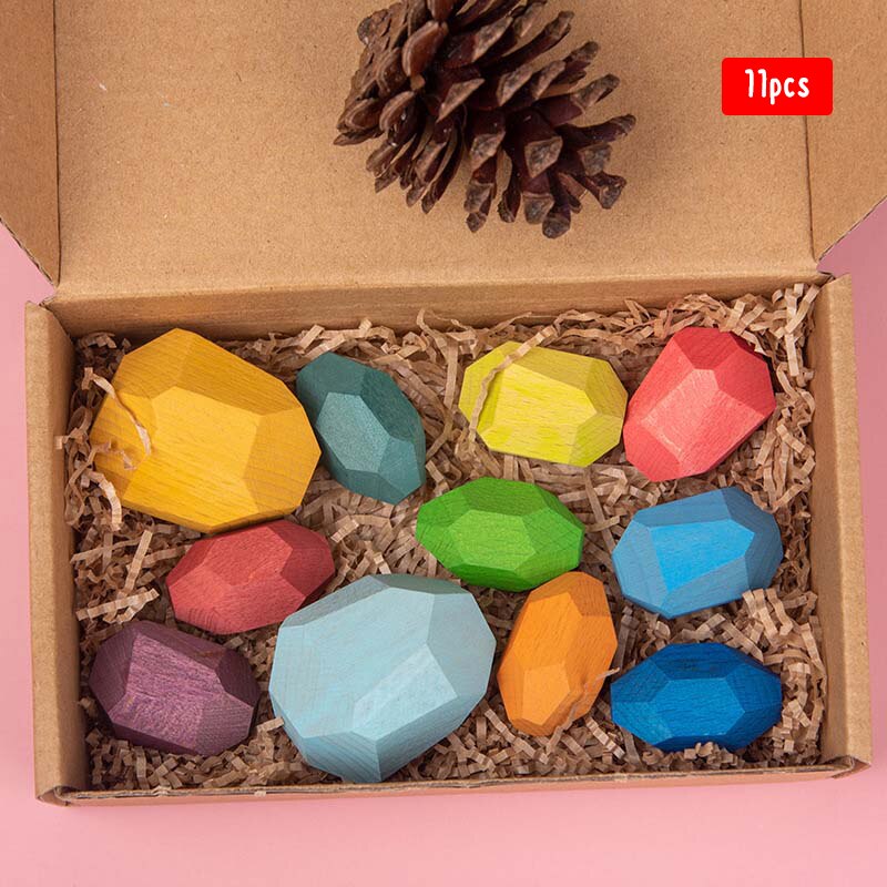 Baby Toy Wooden Colored Stone Jenga Building Block Educational Toy Nordic Style Stacking Game Rainbow Wooden Toy: E 11PCS