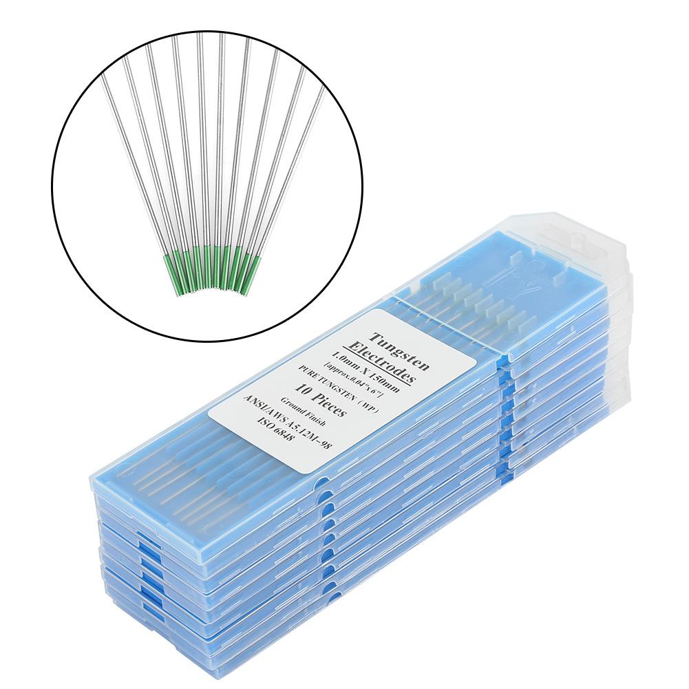 10 Uds de tungsteno puro electrodos WP punta verde/1,0/1,6/2,0/2,4/3,2mm * 175/150mm AC de soldadura Tig herramienta de