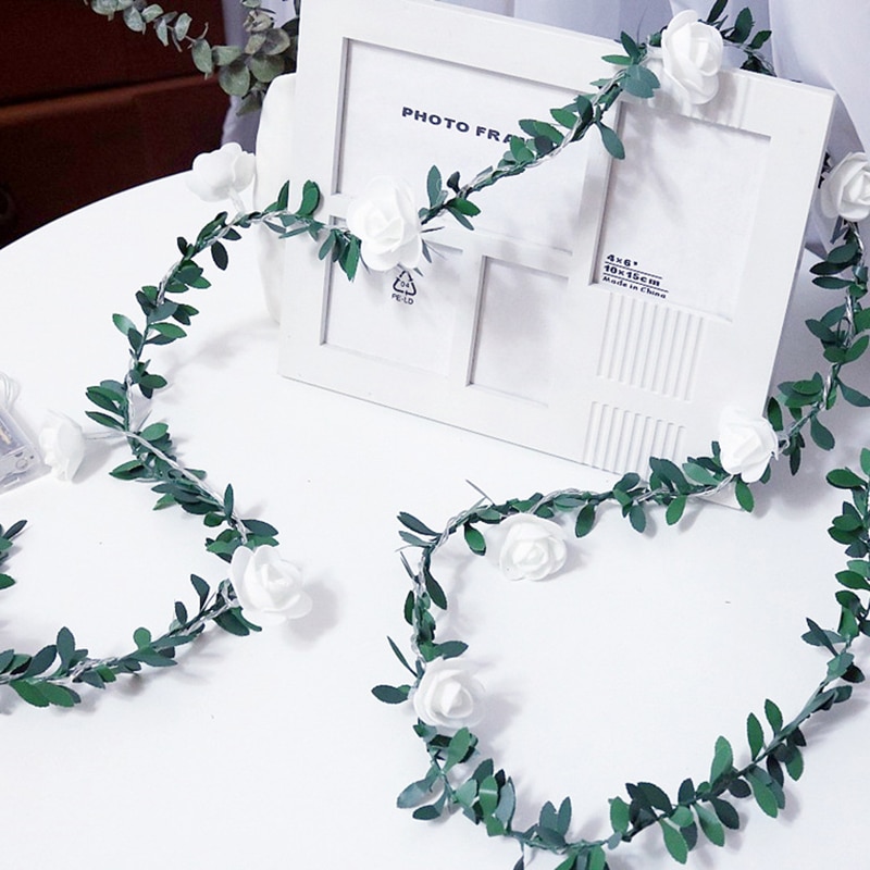 1.5m 3m 6m rose flower vine led string lys batteri/usb drevet grøn blad guirlande lampe til valentinsdag bryllup jul