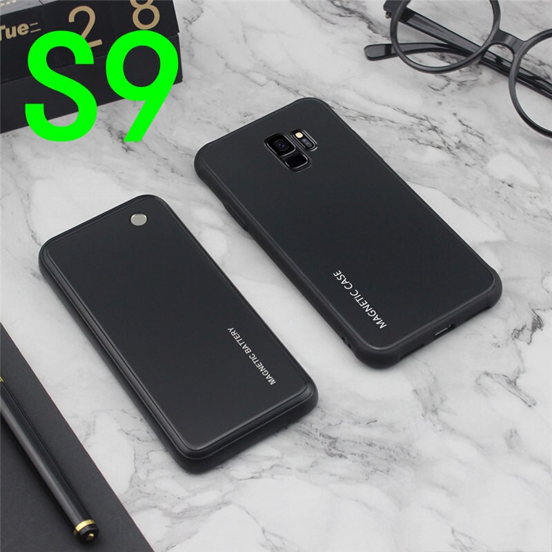 Slim Gradient Tempered glass Magnetic Wireless charger Case For Samsung Galaxy S8 S9 Plus Power Bank Battery Charging Case Cover: S9-Black