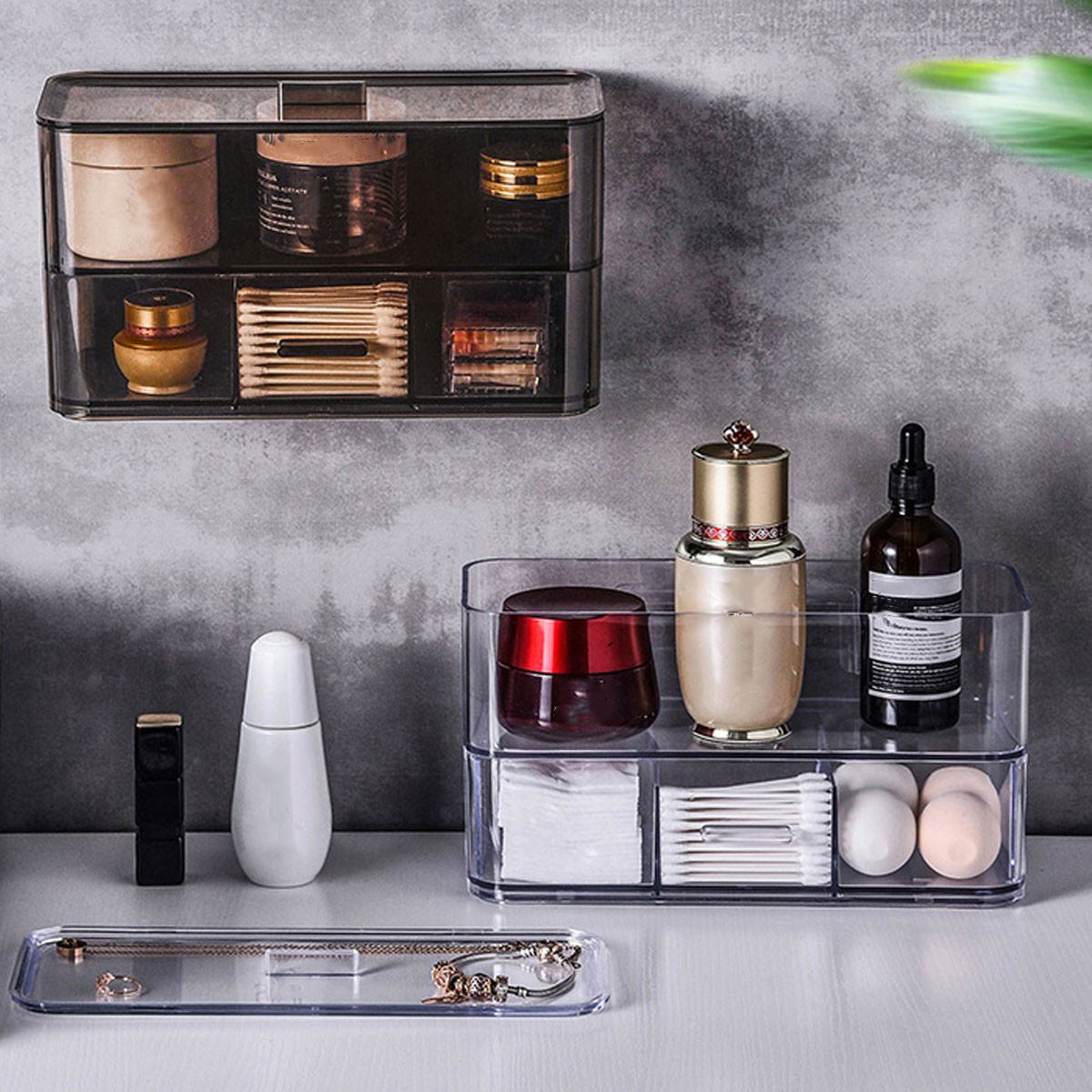 Cosmetic Organizer Storage Box Wall Mounted Clear Makeup Drawers Holder Case 2 Layers Multifunction Makeup Jewelry Storage Box