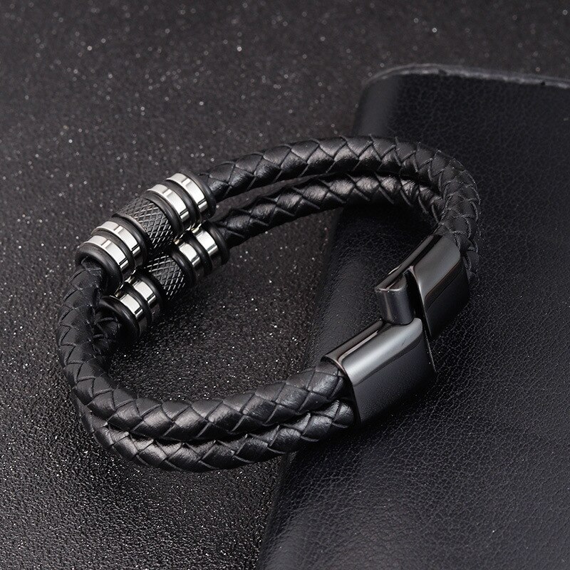 Multilayer rostfritt stål tillbehör hip hop rock stil svart färg herr läder armband år
