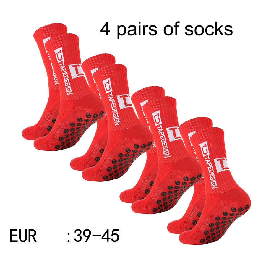 4 pares de nuevos calcetines de fútbol pegados de tubo medio TC para entrenamiento deportivo y competición, calcetines antideslizantes y transpirables: Rojo