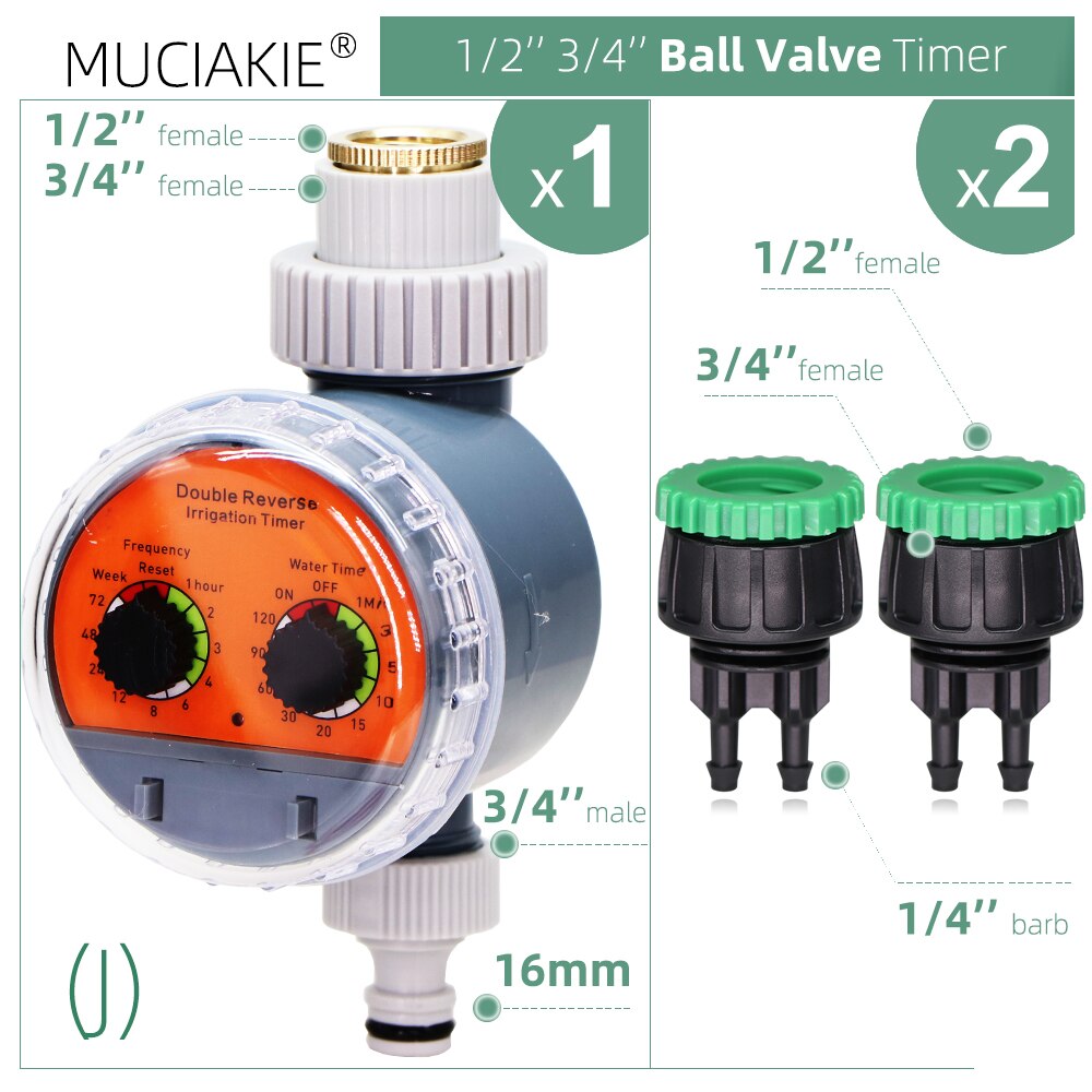 Ball Valve Garden Water Hose Timer w Coupling Adapter for 1/4 1/2 3/4'' Tap Outdoor Waterproof Smart Home Irrigation Controller: J