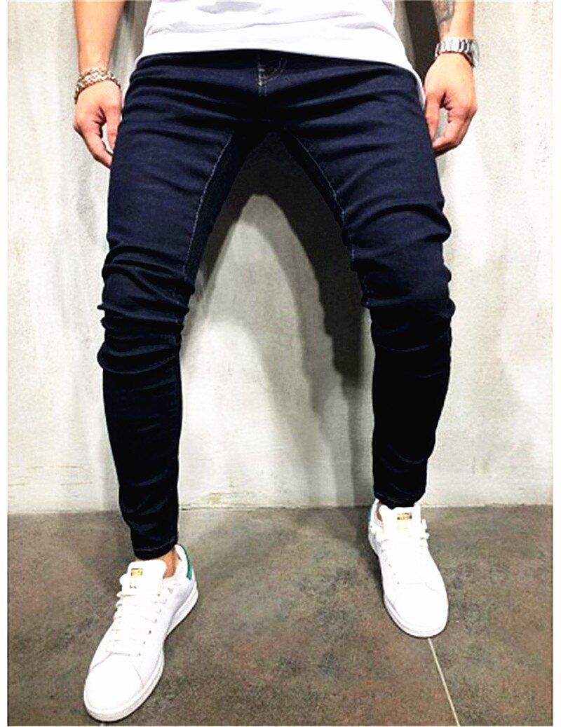 'herrejeans ensfarvede afslappede små fødder hip hop mænds vaskede denimbukser ripped jeans solide blyantbukser: Xxxl / Sort