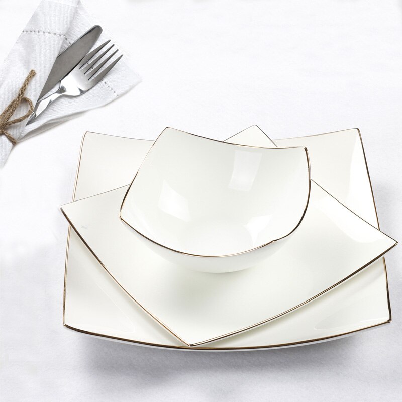Juego de vajilla de porcelana blanca de , Plato cuadrado europeo de hueso, platos para carne, ensalada y sopa