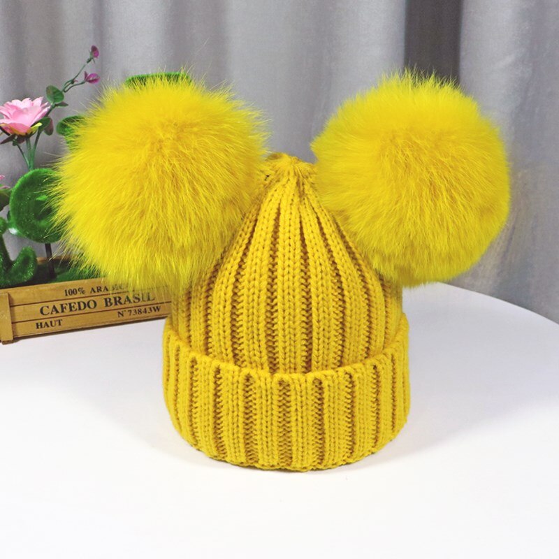 Gorro de dos pompones peludos de invierno para niños, gorro bonito tejido para niñas y niños, gorro cálido de punto para Gorros de bebé, gorro cálido para niños: yellow 1 / adult size(52-60cm)