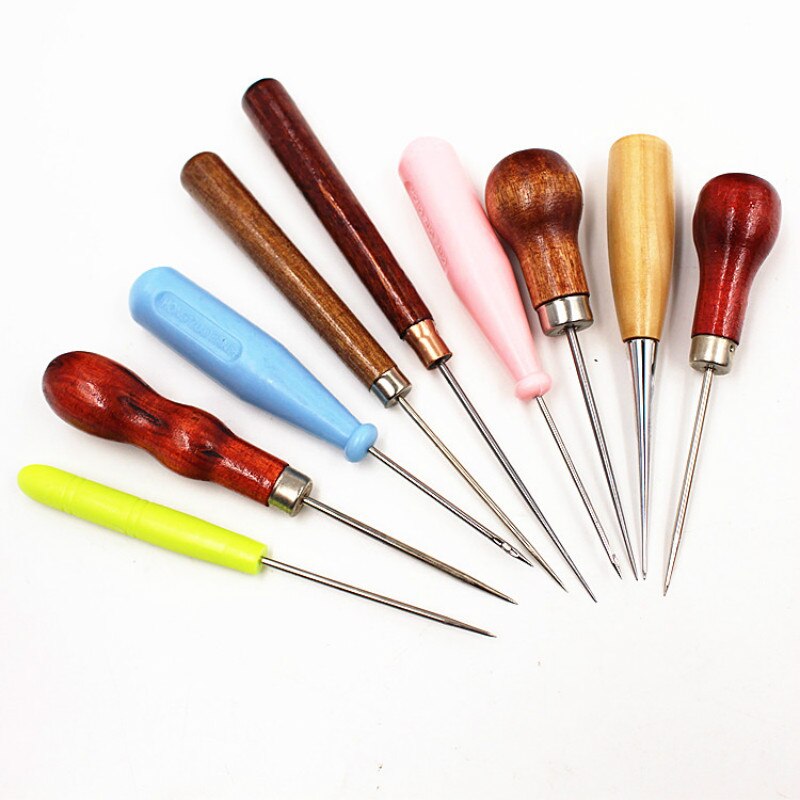 Canvas Shoes Repair Threader Stitch Needle Wooden Handle Punch Steel Awl Hole Maker Cone Leather Craft Sewing Supplies 5pc/lot