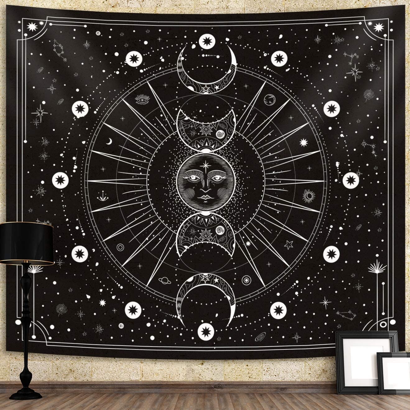 Sun Moon Tapestry Wall Hanging Stars Space Psychedelic Black and White Tapestries Wall Tapestry for Bedroom Aesthetic Home Decor