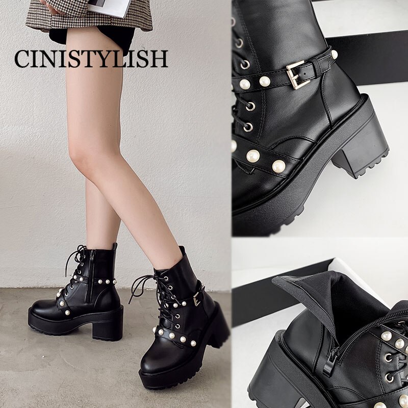 Zapatos góticos de demonio con hebilla de perla para mujer, botines de estilo gótico con plataforma Punk, botas con cordones,