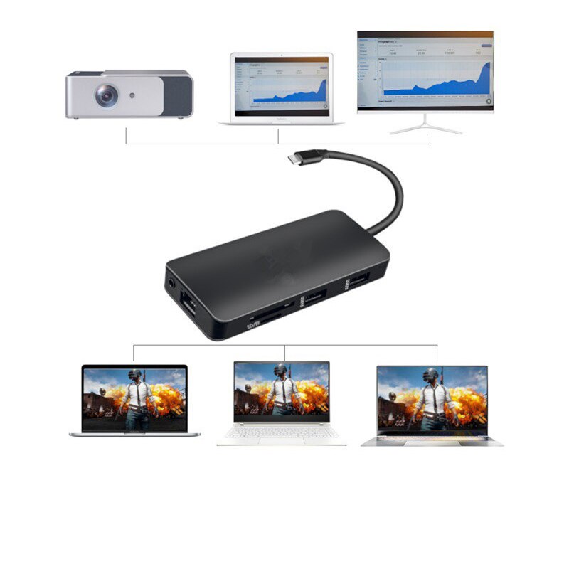 Puerto adaptador multipuerto 9 en 1 USB tipo C a 4K HDMI con VGA Gigabit Ethernet PD carga USB 3,0 puertos lector de tarjetas SD