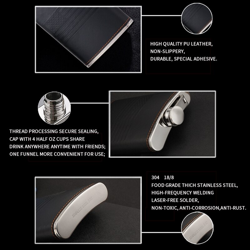 GENNISSY 9oz Leather Hip Flask Set Outdoor Portable Stainless Steel Drink Hip Flasks For Whiskey/Brandy/Cocktail/ Men Set