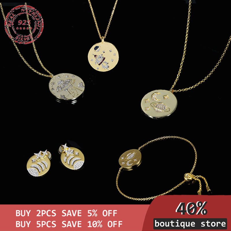 S925 Vliegende Ruimte Paard, Starry Galaxy, Golden Moon Ruimtevaartuig. Ronde Vrouwelijke Ketting Armband Oorbellen Luxe Sieraden.