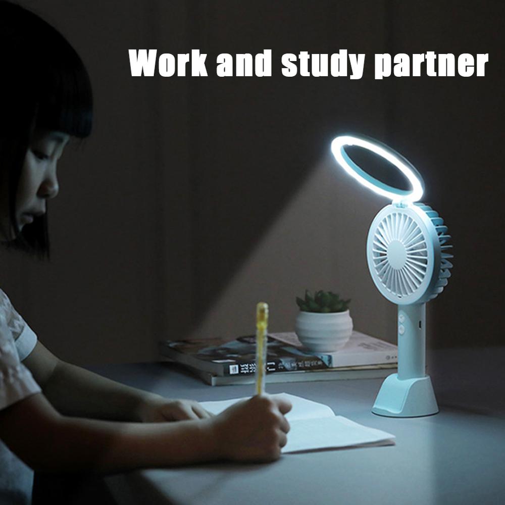 Mini Handheld Fan USB Rechargeable Handheld Desk Fan 3 Speed Adjustable Cooling Fan LED Ring Light with Phone Stand Base