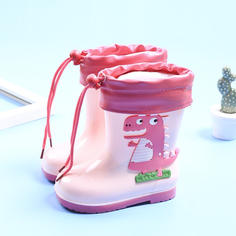 Rain Boots Kids Winter Girl Cute 3d Dinosaur Children's Boys Boots Plush Warm Ankle Pvc Waterproof Baby Water Shoes Rainboots: Pink / 160( insole16 cm)