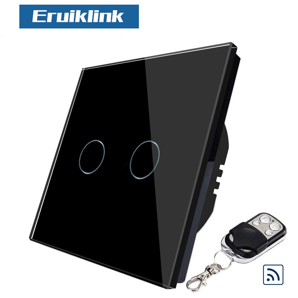 Eruiklink Luxury Wall Touch Sensor Switch EU/UK Standard Light Crystal Glass Touch Switch,Remote Control 1/2/3 Gang 1 Way Switch: 2 Gang Black RE