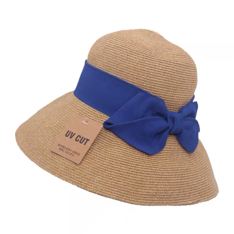 Zomer Strohoed Vrouwen Grote Wide Brim Strik Strand Zon Hoeden Opvouwbare Zonnebrandcrème Anti-Uv Panama Hoed Chapeu Feminino: Royal Blue