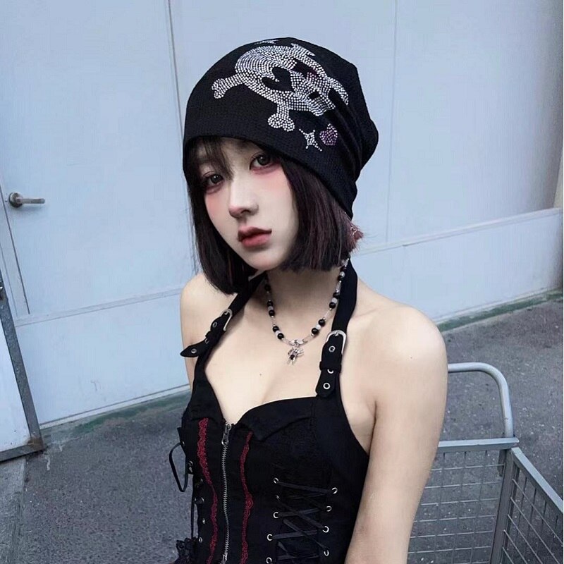 Bonnet Harajuku gothique Punk avec strass, noir, tricoté, Streetwear pour femmes et filles, Rock décontractée