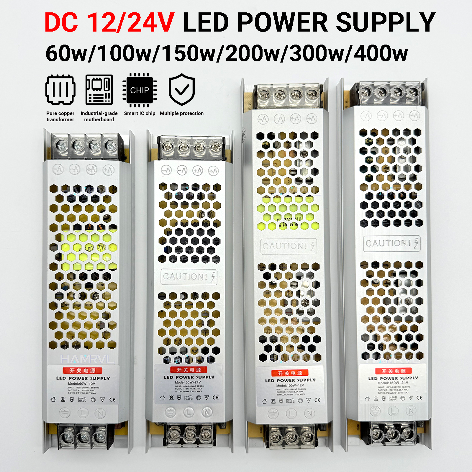 Ultratynd led-strimmeldriver 12v/24v - 60w/100w/150w/200w/300w/400w konstant spændingsstrømforsyning til hjemme-/erhvervsbelysning