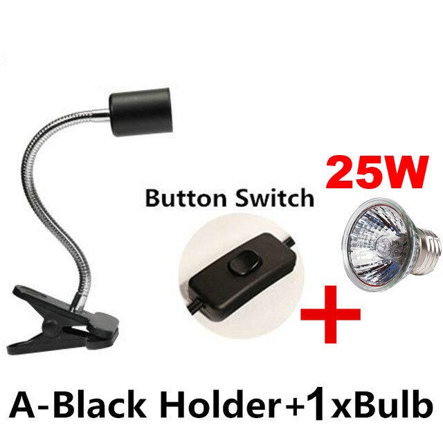 Aquarium Reptile Basking Lamp Holder for Turtle Lizard Habitat Ceramic UVB/UVA Heat Bulb Lamp Clip Holder E27 Base: BlackButton-25W Bulb