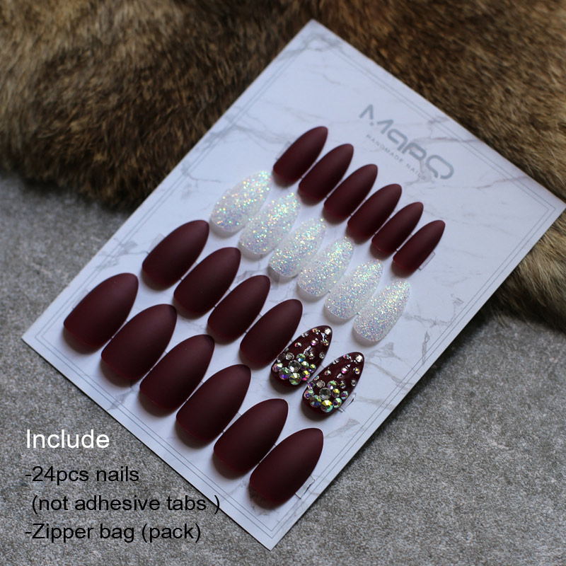 Blauw Medium Stiletto Nagels Mat Bordeaux Kunstnagels Witte Parel Strass Glitter Nagels Zwart Art Shining: Red24pcsNails