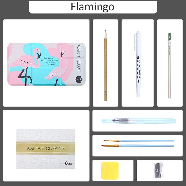 45 farger fast pigment akvarell maling sett med blyant bærbar penselpenn til kunstner maleri kunst forsyninger: flamingo