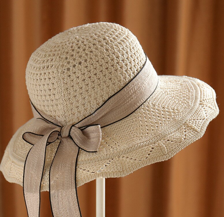 Spring Summer Cotton Knitted Bow Sun Hats Ladies Shade Straw Hat Breathable Big Brim Basin Hat Sunscreen Beach Caps: Beige