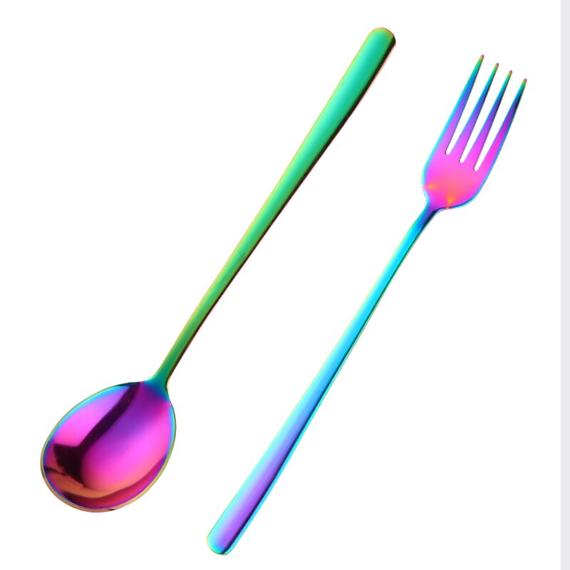 2 uds juego de tenedor cuchara cubiertos de acero inoxidable vajilla de postre de colores utensilios de cena de mango largo tenedores de ensalada cucharas de sopa vajilla casera: Rainbow no.0-1set