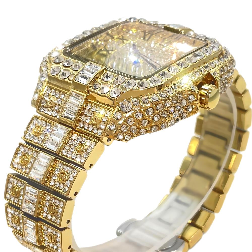 Luksuriøst guldur til mænd i rustfrit stål quartz armbåndsur herre hiphop iced diamant firkantet ur reloj hombre