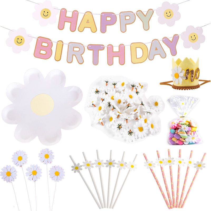 Gänseblümchen Geburtstags feier Dekoration Gänseblümchen Blume Papier Banner Platte Strohhalme Kuchen Deckel Art alles Gute zum Geburtstag Party Baby Party liefert