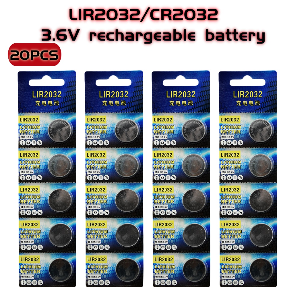 LIR2032 Rechargeable Battery 2032 Lithium charging Can Replace 3.6v 40mAH CR2032 for watches Coin Battery: green