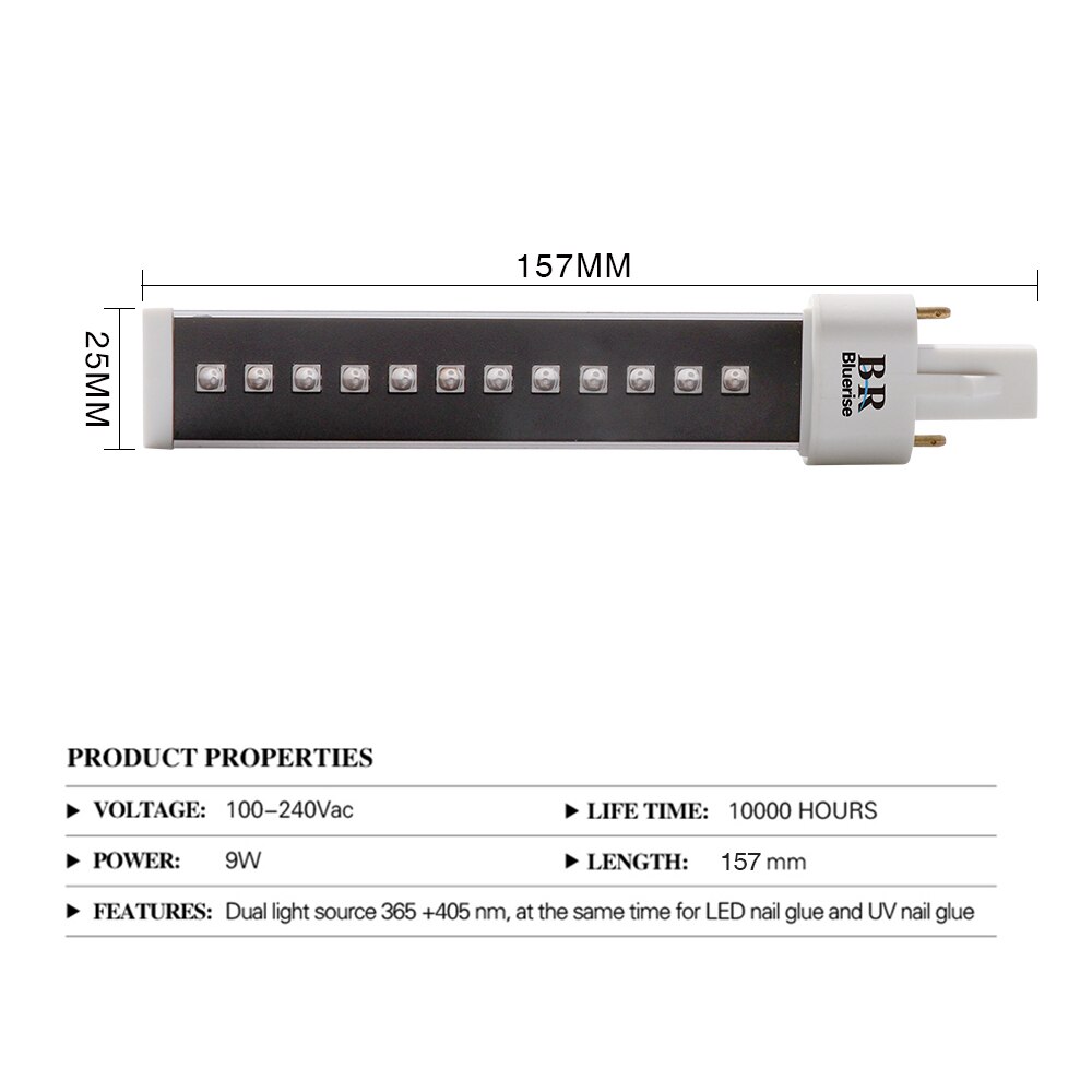 Lámpara UV BR 4 piezas 9 W LED reemplazados para lámpara de uñas 9 W tubo de lámpara 365 + 405nm LED bombilla de fuente de luz doble para máquina de manicura