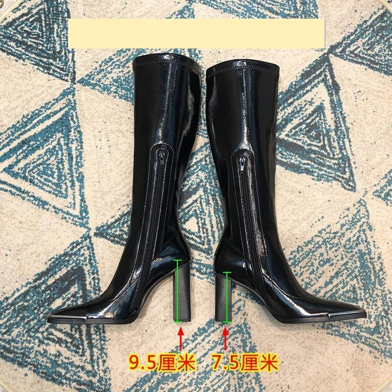 Botas altas de piel sintética para mujer, zapatos de felpa de invierno, tacón alto cuadrado, tacón grueso, color negro