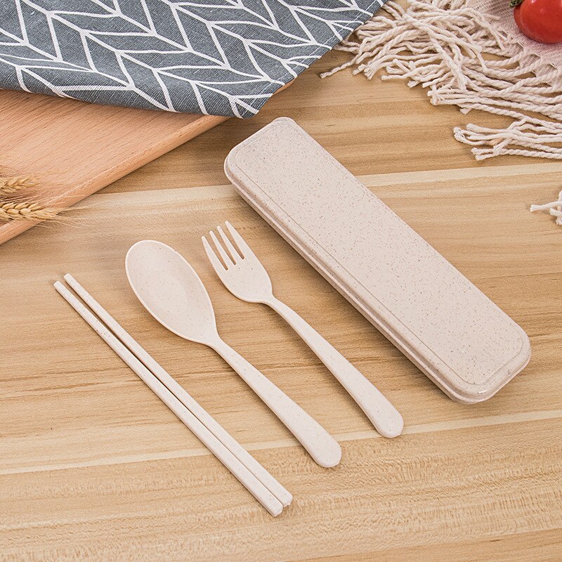 4 Stks/set Bestek Set Pp Tarwe Straw Materiaal Kinderen Bestek Set Portable Set Eetstokjes + Vork + Lepel: Beige