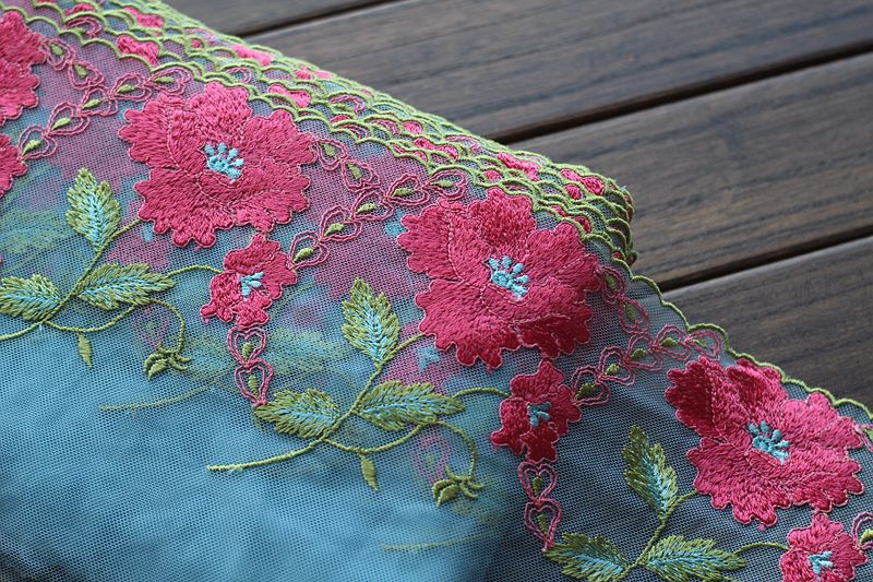 2yards/lot 18cm wide Embroidered Tulle Lace trim mesh lace trim ~ Blue + rose ~beautiful
