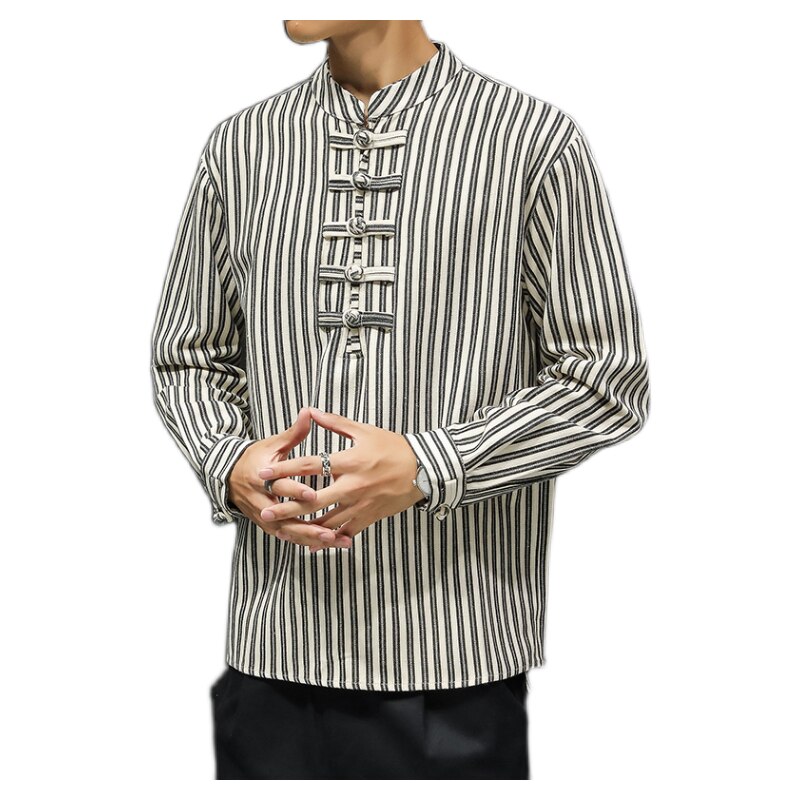 Chinese stijl overhemd met lange mouwen, gestreept overhemd, herenkleding, losse harajuku tops, retro hanfu kleding voor mannen