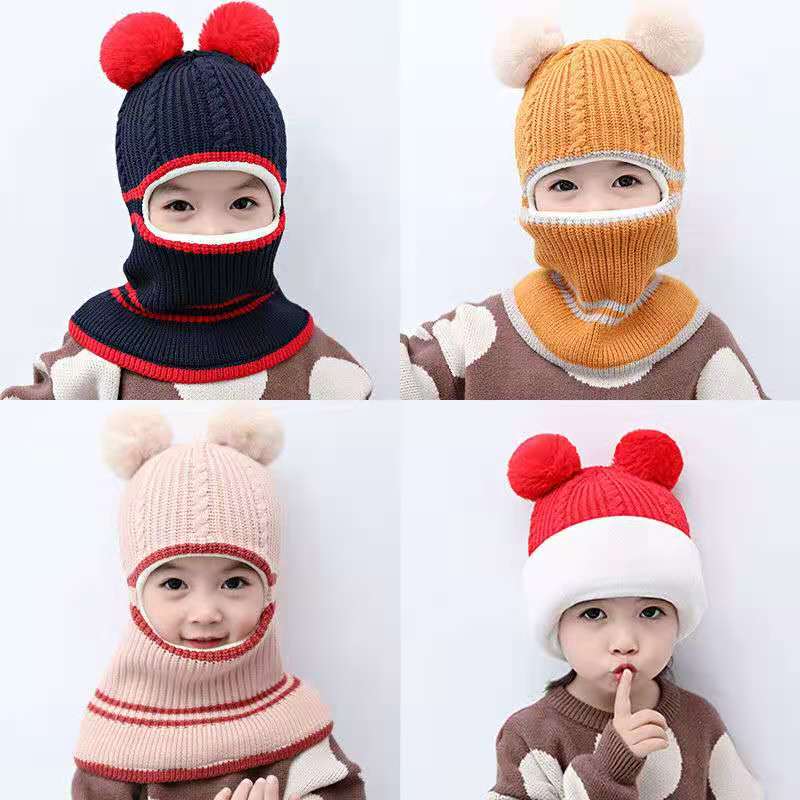 Kid Beanies Cap Scarf Set Kid Plush Ball Baby Girls Scarf Set Winter Warm Caps For Boys Girls 2-6 years old