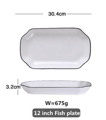 Keramiska mattallrikar vita tallrikar svarta inläggningar köksfat servis maträtter rissallad nudlar skål soppa köksutrustning: 30.4 cm fisk tallrik