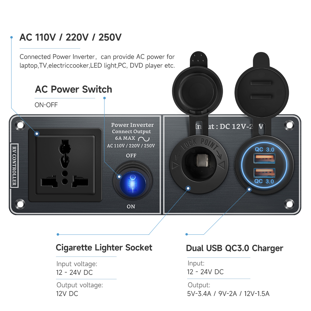 Autoladegerät Multifunktions-Aluminium-Panel-Thermometer AC110V 220V Dual Port USB QC3.0 12V 24V für Wohnmobil-Yacht-Reiseanhänger