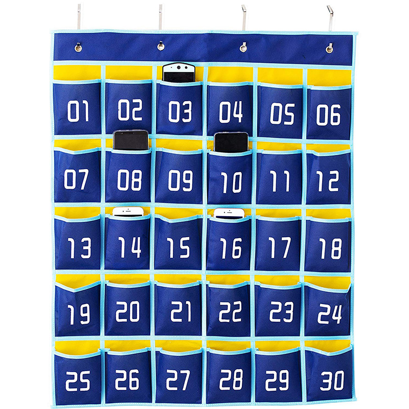 Numbered Pocket Chart Classroom Organizer for Cell Phones Calculator Holders (30 Pockets, Blue Pockets): Default Title