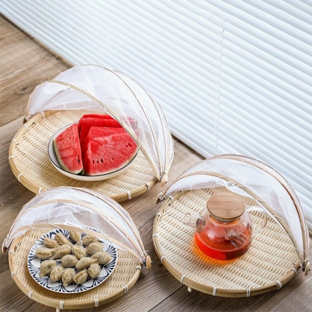Bamboo Tent Basket Hand Woven Tray Anti Bug Food Fruit Container Net Mesh Cover