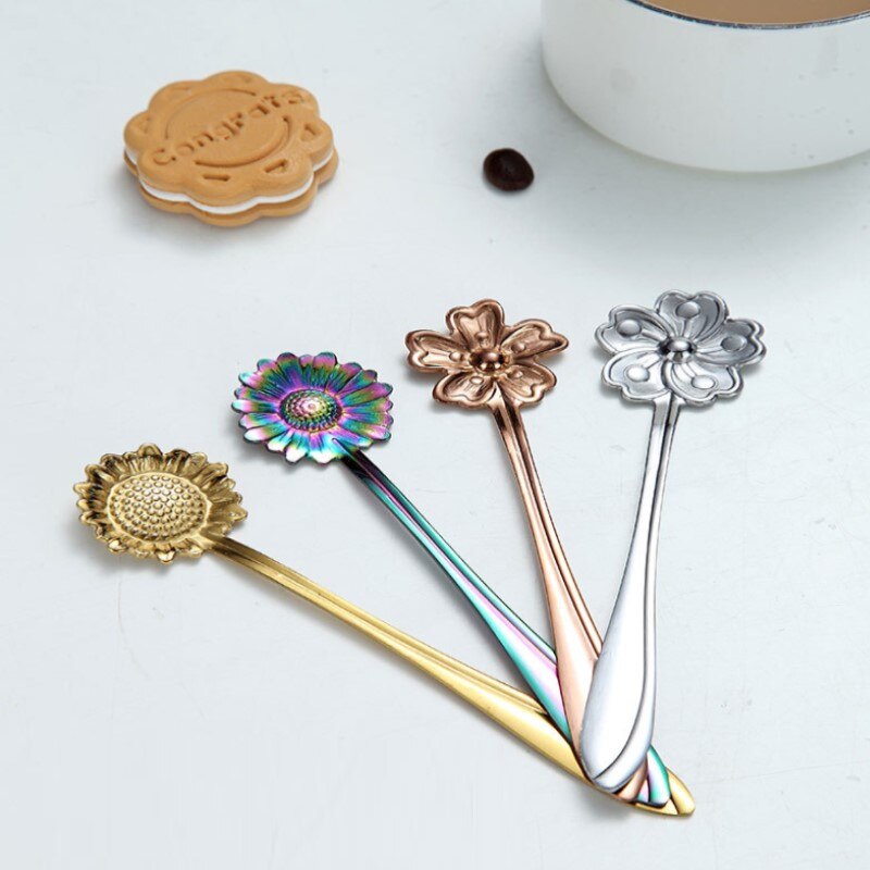4Pcs Stainless Steel Spoons Flower Small Tea Coffee Stirring Spoon Fancy Sugar Dessert Teaspoon Bar Cafe Tableware