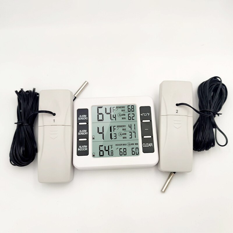 Indoor Digital Thermometer with 1/2 Wireless Remote Sensor for Refrigerator Thermometers with C/F Max Min Value Display