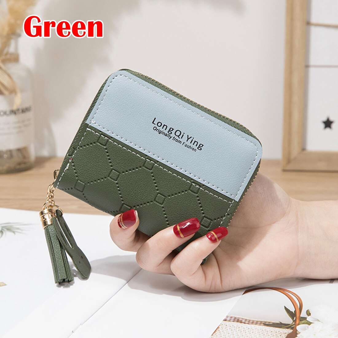 Women Wallets PU Wallet Leather Small Coin Purse Ladies Card Bag Cute Trend Student Tassel Pendant For Women Short: Style C-green