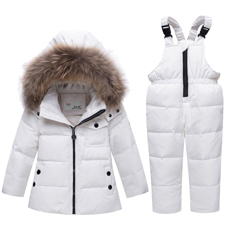Winter Jongen Meisje Skipak Baby Winter Warme Kleding Sets Snowsuit Kinderen Bont Capuchon Donsjack Jas 5 Kleuren: White / 90
