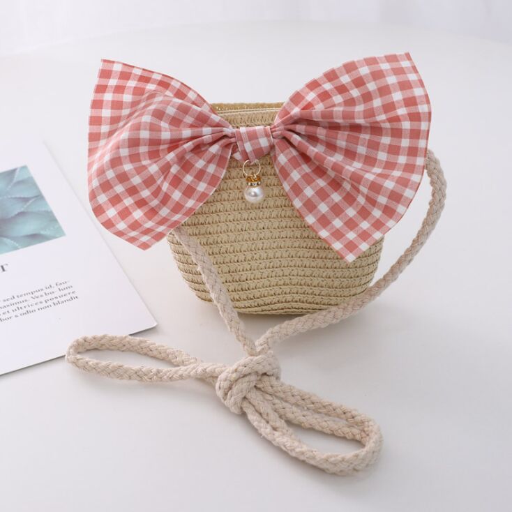 Zomer Kind Prinses Leuke Cartoon Stro Hoed Met Handtassen Tassen 2 Stuks Een Set Kids Meisje Baby Boog Plaid panama Zonnehoed: Bag  beige